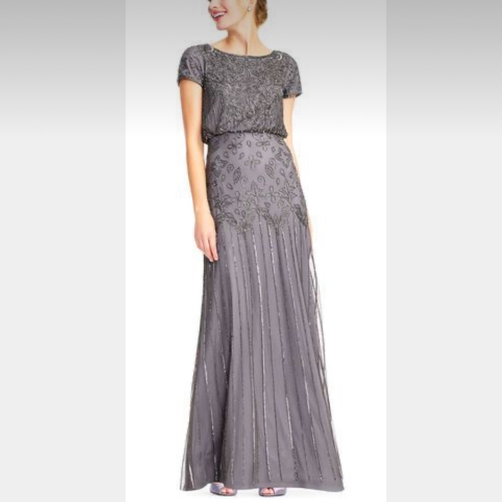 Adrianna Papell with Anthro Wyatt Dress Beaded Short-Sleeve Gown Sz 10 Grey NWT
